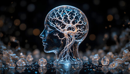 Stunning transparent human head profile reveals glowing neural pathways symbolizing artificial intelligence and deep thought