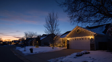 A winter night scene shows homes adorned with holiday lights, snow-covered lawns, and a serene twilight sky. The warm lights contrast the cool winter hues.