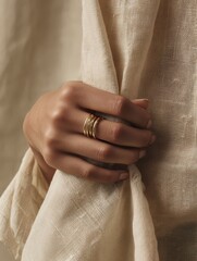 Hand Wearing Stackable Gold Rings Against Textured Fabric