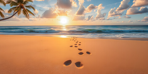 Gorgeous summer beach with footsteps in soft sand ocean view palm trees tranquil relaxing tropical landscape serene nature paradise vacation travel sunny coastal scenery
