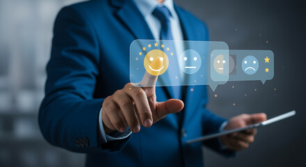 Businessman pointing to a fivestar customer satisfaction rating interface on a digital screen, giving the highest positive feedback score, business concept of service evaluation and quality assessment