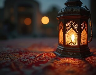 Islamic lantern with lit candle glows softly on ornate red cloth. Soft bokeh lights create festive, holy atmosphere. Ramadan tradition, cultural celebration background element.