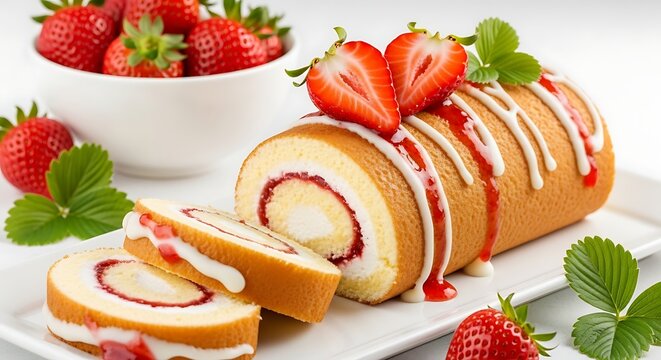 Delicious strawberry swiss roll cake slices isolated on white background
