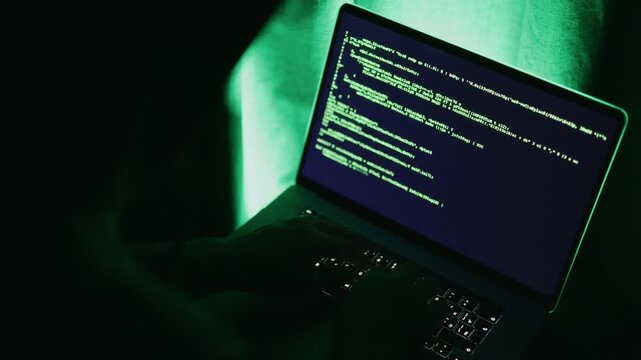Night coding scene, Green code on laptop screen, Nighttime programming with code lines and hand silhouettes visible, Late night developer analyzing logs and correcting errors on computer in dim light