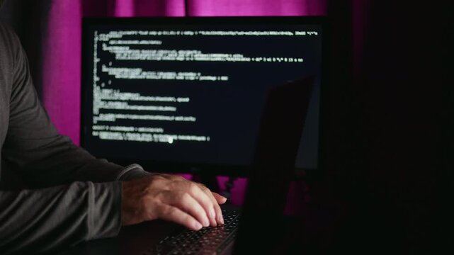 CTO reviewing startup code under purple ambient light, hands on keyboard scanning pull requests and metrics on monitor, focused leadership in development lifecycle, closeup on keystrokes and screen