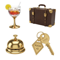Hotel checkin essentials cocktail, suitcase, bell, and key isolated on transparent background