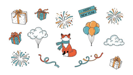 Festive Celebration of joy and gifts: A whimsical illustration capturing the spirit of celebration. Showcasing an array of elements that embody happiness and the festive mood. 