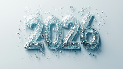 Water numbers form the year 2026 with bubbles and splashes in a clear background