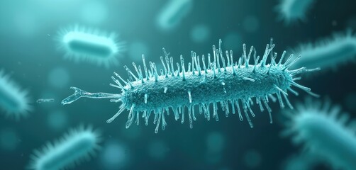 Fototapeta premium Closeup turquoise bacteria cell with many surface structures visible. Microorganism performs nutrient uptake, shows strong antibiotic resistance, complex cellular transport mechanisms. Microbiology,