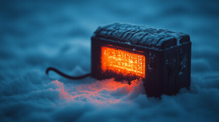 Winter scene with a light source shining in the snow at dusk near an outdoor area
