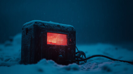 Old generator emits light in snowy landscape during night near a remote cabin