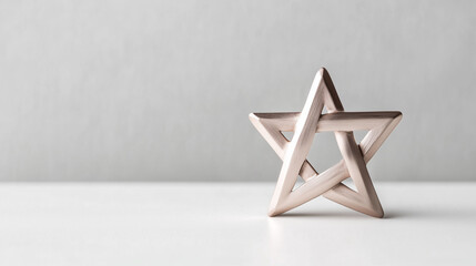 Wooden star decoration is placed on a white table against a plain gray background highlighting its simple design and shape
