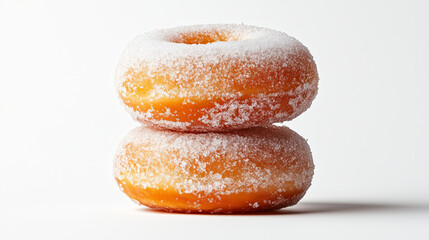 Freshly made donuts stacked on top of each other with a focus on the sugar coating and soft texture in a bright setting
