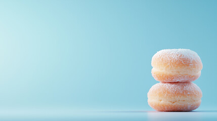 Two round sweet rolls sit on a light blue surface in a simple arrangement