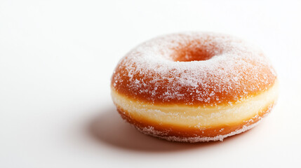Soft donut with sugar and cream filling sits on white surface