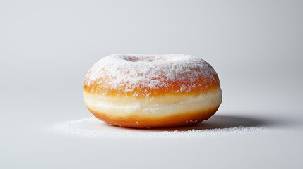 Fresh donut with powdered sugar placed on a plain white background during daytime