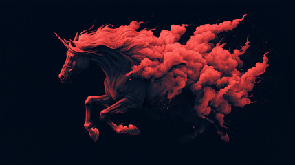 Unicorn running through red smoke in a dark background, showcasing motion and fantasy elements