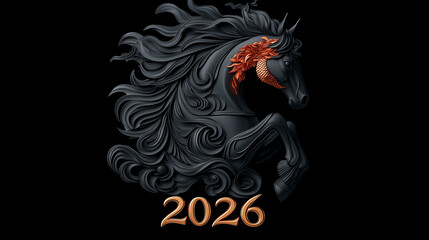 Black horse with flowing mane and fiery orange highlights with the year 2026 below on a dark background