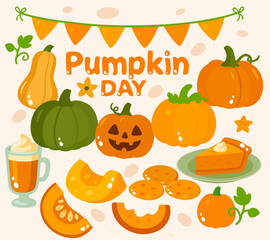 Set of autumn pumpkin clip art, pumpkin day, pumpkin harvest magic. Vector illustration