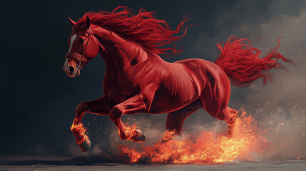 Horse runs through fire with flowing red mane in a dramatic display of strength and power at dusk