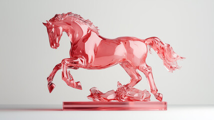 Horse sculpture made of pink glass showing motion and energy set against a plain background with light