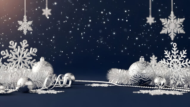 A snowy Christmas card illustration featuring a friendly snowman next to a fir tree decorated for the winter holiday season - Powered by Adobe