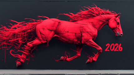 Bright red horse mural in urban area with flowing mane and bold year 2026 visible on wall
