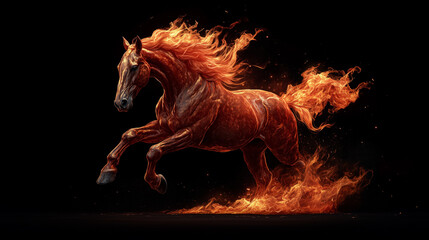 Horse running with fire flames in dynamic motion at night with dark background