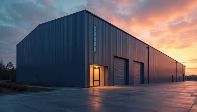 Modern industrial warehouse facade at twilight sunset. Large metal building with roller doors and entrance. Concrete area reflects warm sky colors. Commercial property, logistics hub, business park.