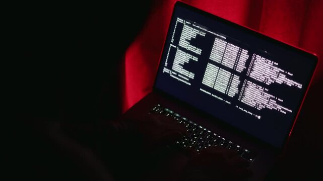 Red bg white code: Cybersecurity expert hacking computer system digital defense mission. Night coding programming against cyber attack with tech innovation network security data protection forensics