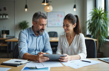 Mature man and young woman discuss project using tablet in office. They work together analyzing data. Teamwork partners business people colleagues at workplace.