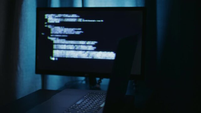 Desk setup with display of programming code, Electric blue monitor at workstation presenting computer programming snippets, Workspace equipped with vibrant blue screen showcasing lines of source code