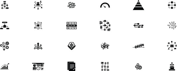 Collection of abstract black and white icons representing technology and data 