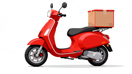 Red delivery scooter with cardboard box on side view  