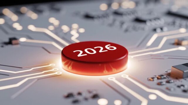 A green electronic circuit board with a computer chip and a red emergency stop button concept is ready to start