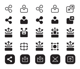 Social media interface icons set showing various actions like sharing, profile, and expansion