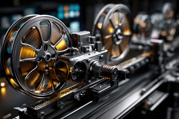 Fototapeta premium Vintage film projector showcasing intricate mechanics and design at a cinematic exhibition