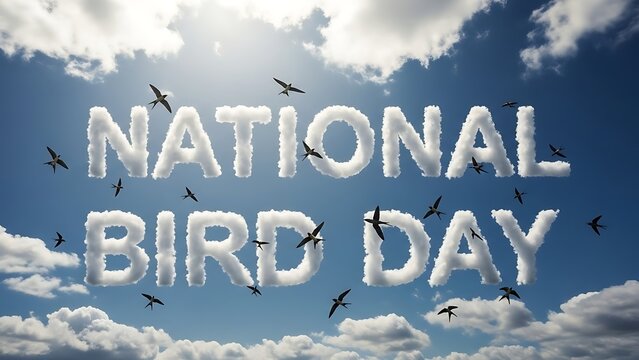 Skywriting cloud formation spells out national bird day with soaring swallows against blue sky