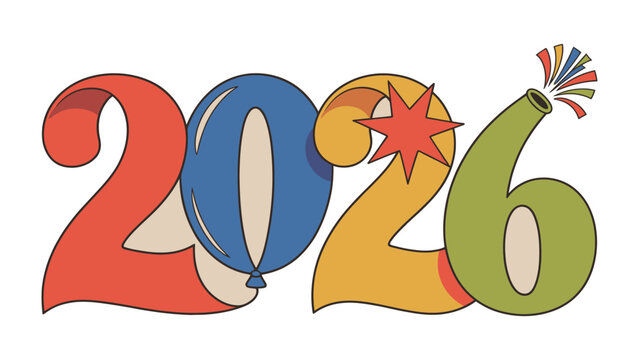 Year of Celebration: An artistic and festive digital illustration with 2026 celebrates the New Year, incorporating elements of party, and dreams of the future.