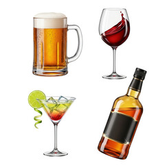 Beer mug, wine glass, cocktail, and whiskey bottle isolated on white isolated on transparent background