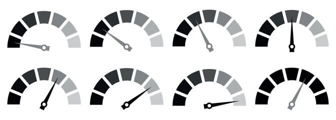 Set of grayscale speedometer indicators showing different needle positions, minimal dashboard gauge icons for performance level, loading progress and measurement concepts
