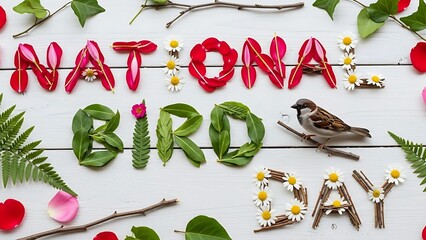 National bird day message crafted from natural elements like red petals green leaves twigs and small daisies