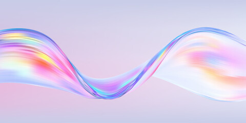 Abstract holographic pink wave with flowing iridescent ribbon and dynamic spectrum light.
