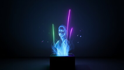 Holographic projection of a futuristic woman in glowing display