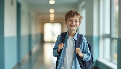 Happy schoolboy with backpack smiles in school hallway. Cute male student stands in corridor ready for class. Young elementary pupil looks at camera feeling confident. Child enjoys learning, prepared