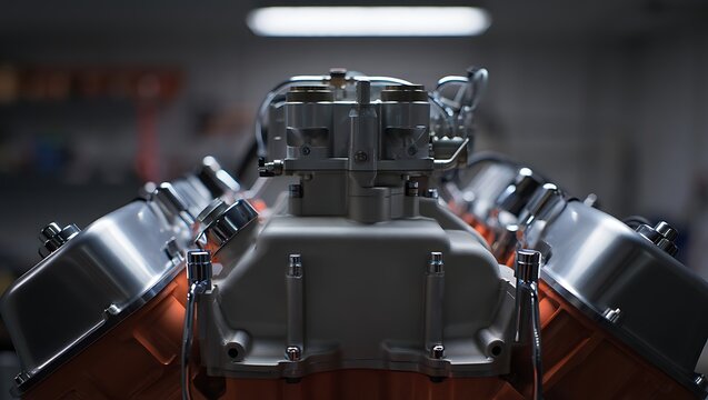 Powerful v8 engine close-up with carburetor details in workshop