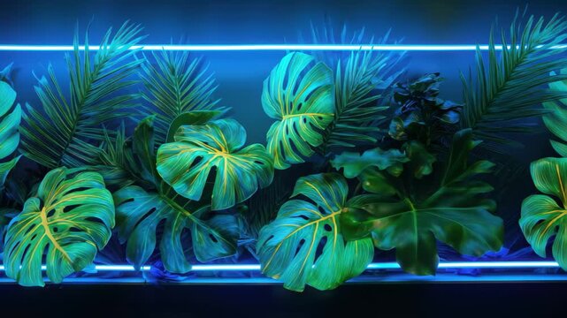 Lush tropical leaves illuminated by blue neon lights in a dark indoor setting creates a vibrant and modern ambiance
