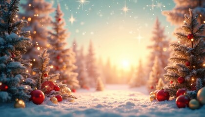 Snowy winter forest at sunrise sunset. Evergreen trees covered in fresh snow, decorated with festive lights, ornaments. Red, gold baubles lie on snow. Sparkling sky creates magical holiday scene.