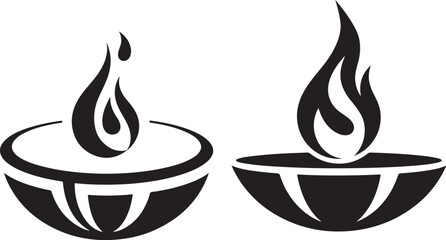 Stylized traditional indian oil lamp diya icons, burning flame