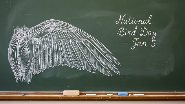 Chalk drawing depicting intricate bird wing skeleton and feathers on green chalkboard announcing holiday date